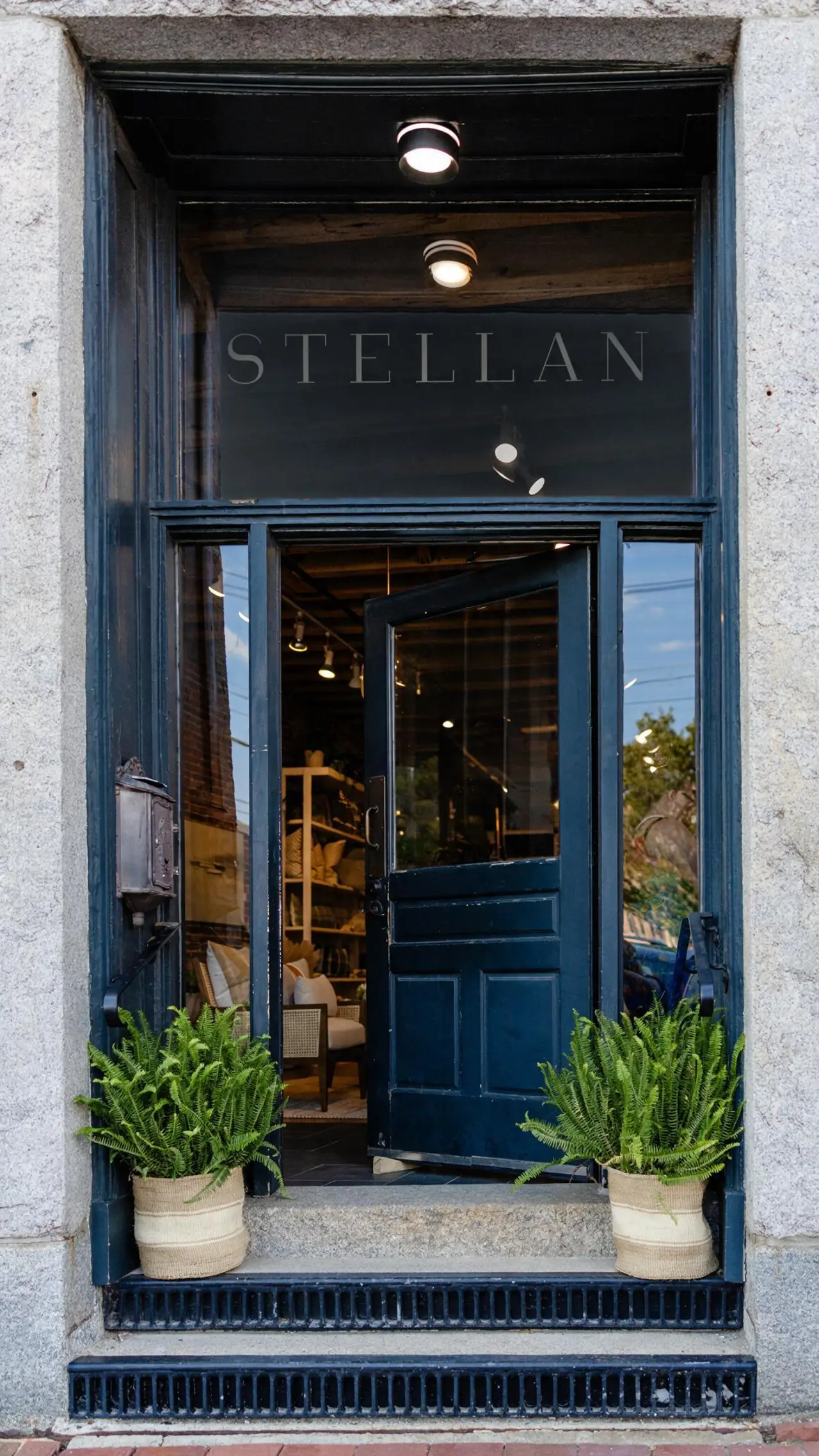 The STELLAN storefront in Portland, Maine: a black door and window with ferns at the entrance