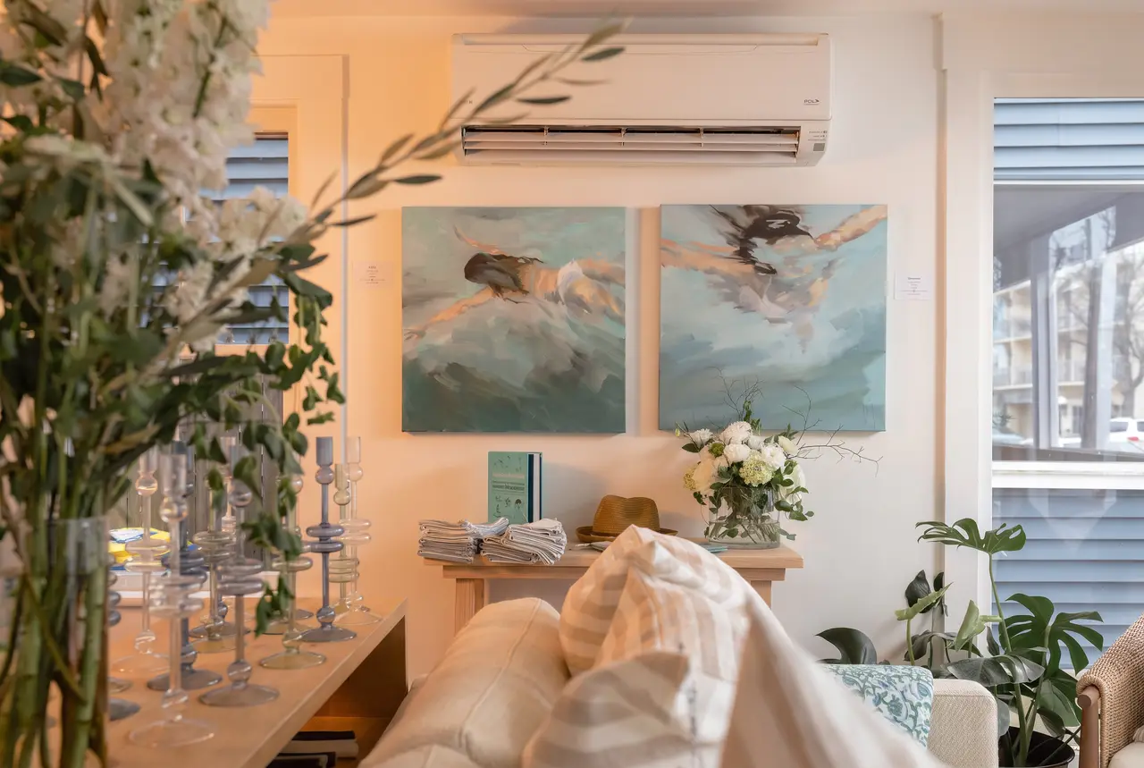 Coastal art and flowers styled in the Rehoboth shop